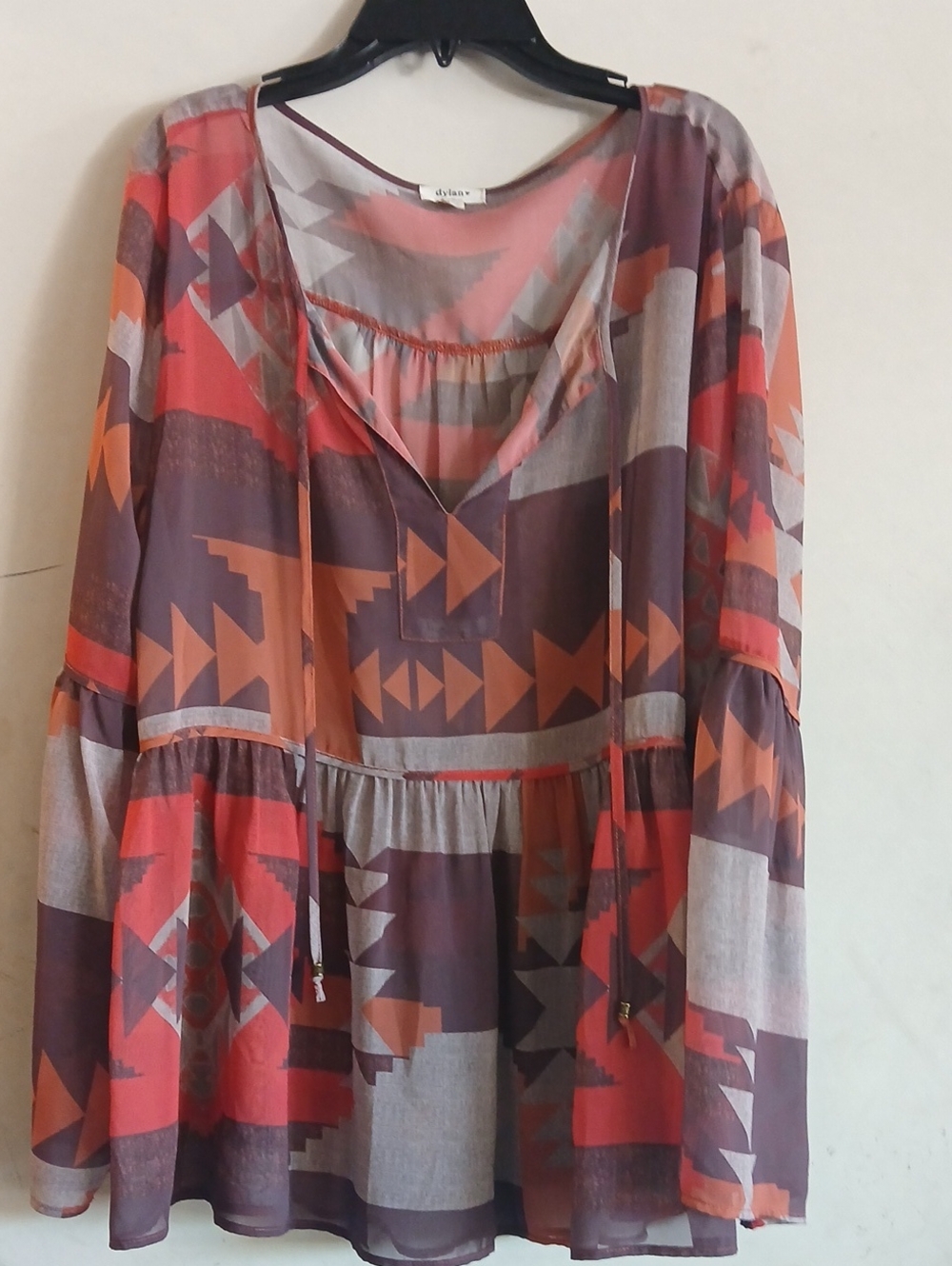 Dylan Boho Geometric Sheer Peasant Blouse in Rust and Brown Sz Med